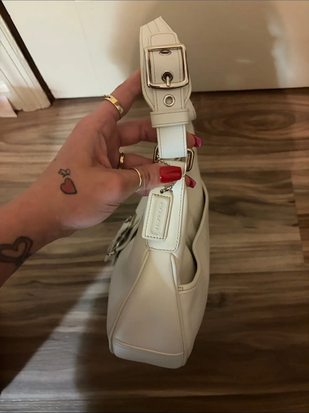 Coach White Leather Shoulder Hobo with Buckle Accent